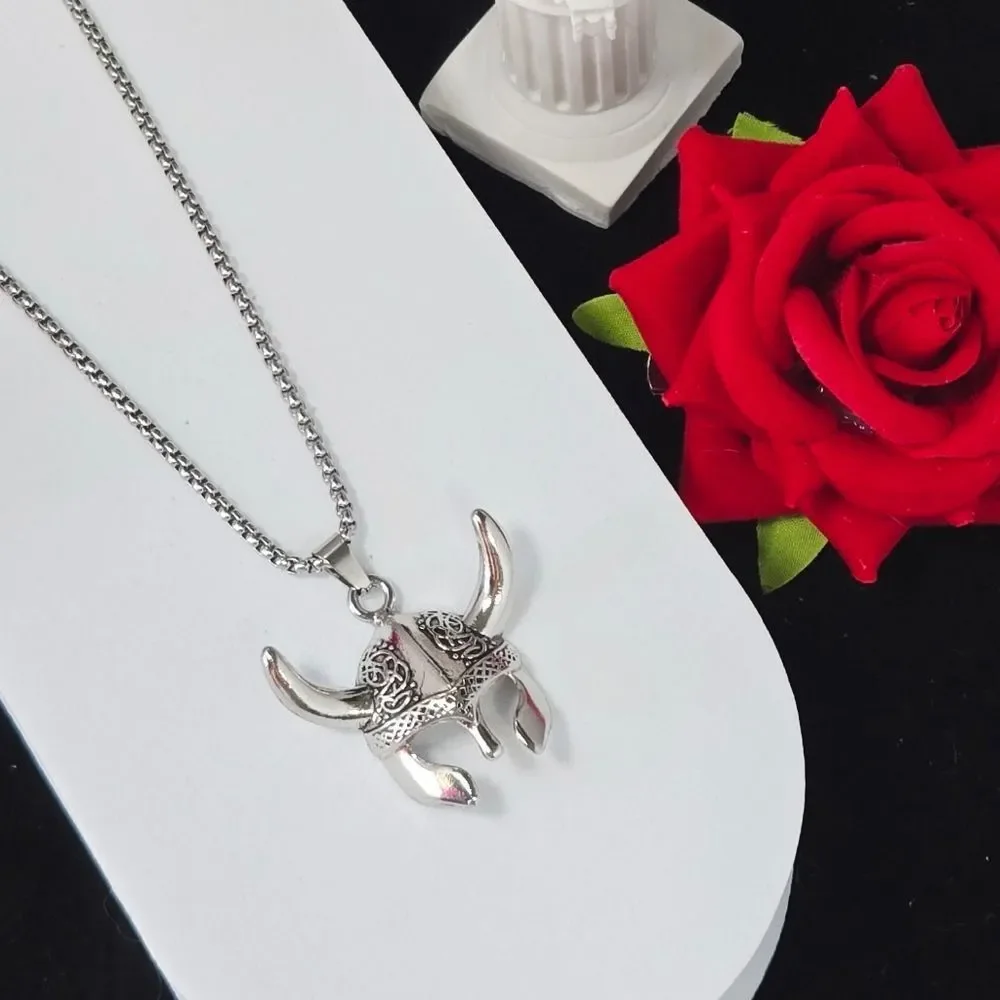Viking Helmet Mask Pendant Necklace Nordic Celtic Stainless Steel Box Chain 24